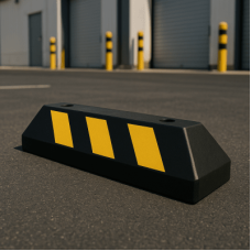 Tope D/ Estacionamiento Vehicular / Hule Reciclado / 55cm / Color Negro con Franjas Amarillas / Resistente y Antideslizante.