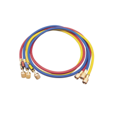 Juego de Mangueras de Refrigerante MM360 / 3 Mangueras 150 cm con Válvulas de Cierre / Presión Trabajo 55 bar (800 psi) / Presión Ruptura 276 bar (4000 psi) / Conexiones 1/4 SAE Hembra y Macho / Identificación por Color Rojo-Az