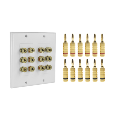 KIT 1 Placa de Pared + 6 Pares Conectores Banana (Rojo+Negro) | Postes de Unión Tipo Banana | Conexión para 6 Altavoces | Fácil Instalación | Conectores Chapados en Oro