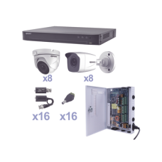 KIT TurboHD 1080p / DVR 16 Canales / 8 Cámaras Bala (exterior 2.8 mm) / 8 Cámaras Eyeball (exterior 2.8 mm) / Transceptores / Conectores / Fuente de Poder Profesional