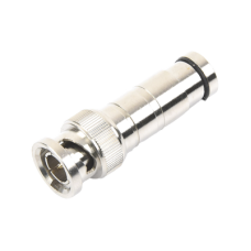 Conector BNC Macho en 75 Ohm, de Compresión Axial para Cable Coaxial RG-59/U, Níquel/ Oro/ Politetrafluoroetileno.