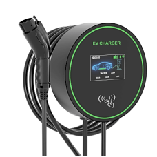 Estación de Carga para Vehículos Eléctricos / 48A 11.5kW / Voltaje 220-250V 1 Fase y 380-480V 3 Fases / Pantalla LCD 4.3 Pulgadas / Cable TPU 5 Metros / Protecciones Múltiples / Conectividad Plug and Play APP RFID / Carcasa Alu