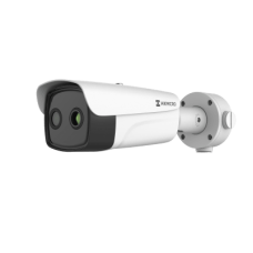 Cámara Bullet Dual Térmica y Óptica/ 256×192 Térmico + 5MP Óptico / IA para Detección Humana y Vehicular / Medición Temperatura -20°C a 150°C / Detección Fuego y Fumadores / IP67