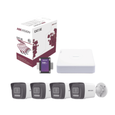 Kit IP 4 Megapixel / NVR de 4 Canales con 4 Puertos PoE / 4 Cámaras IP Bala Dual Light (IR + Luz Blanca) con Microfono Integrado y ACUSENSE Lite para Exterior/ Bobina de Cable de 100 mts / SSD de 1 TB