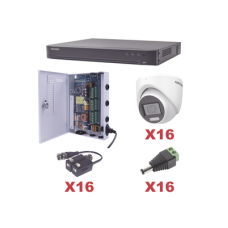 KIT TurboHD 1080p / DVR 16 Canales / 16 Cámaras Turret con Audio Integrado (Exterior 2.8 mm) / Transceptores / Conectores / Fuente de Poder Profesional