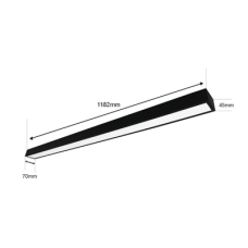 Panel LED Suspendido 22 W / 127 Vca~60Hz / Flujo luminoso 1 980 lm / Medidas 1182 x 70 x 45 mm  / TCC 6 500 K / Ángulo de Luz de 140°.