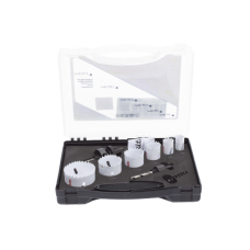 Kit de broca sierras (3/4 - 2 1/4 in) incluye 6 piezas de broca sierras, 2 adaptadores y resorte de expulsión.