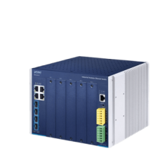 Switch Modular Industrial Capa 3 / 5 Slots / 4 Puertos Gigabit RJ45 / 4 Puertos SFP+ 10G / Rango de Temperatura -40~75°C / Entrada de Potencia Redundante 12-48V / Soporte IPv6/IPv4