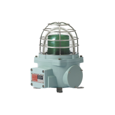 Baliza con luz LED color Verde con patrón de destello fijo o flasheante, ideal para zonas y áreas peligrosas, opera en un rango de 12-24 VCD