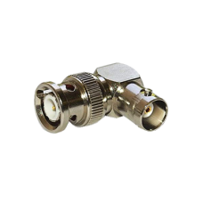 Adaptador en Ángulo Recto, de Conector BNC Macho a BNC Hembra, 50 Ohm (Monitor), Níquel/ Plata/ Teflón.