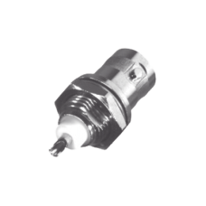 Conector BNC Hembra para Chasis, Montaje Frontal, Soldable, D-Plano, Troquelado, Niquel/ Oro/ Delrin.
