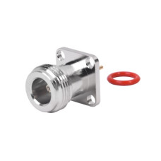 Conector N Hembra de Montaje de Panel con 4 perforaciones a 12.7 mm, soldable.
