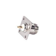 Conector N Hembra para Montaje en Panel, 4 perforaciones a 18 mm, PIN Largo, Plata/ Oro/ Teflón.