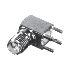 Conector SMA Hembra Inverso en Ángulo Recto con PIN Terminal y 4 Patas para Montaje PCB Coaxial, Oro/ Oro/ Teflón.