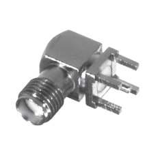 Conector SMA Hembra en Ángulo Recto con Terminal y 4 Patas para Montaje PCB, Níquel/ Oro/ Teflón.â€‹