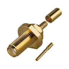 Conector SMA Hembra de Rosca Izquierda, Montaje Frontal en Panel para Cables del Gurpo B, Oro/ Oro/ Teflón.