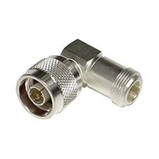 Adaptador en Ángulo Recto, de Conector N Macho a N Hembra, Plata/ Oro/ Teflón.