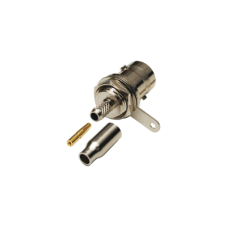 Conector BNC Hembra a 50 Ohm, Montaje Frontal en D-Plano, Anillo Plegable para Cables RG-174/U y RG-316/U, Niquel/ Oro/ Teflón.