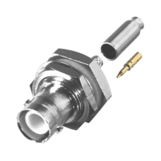 Conector BNC Hembra Inverso de Montaje Trasero en Panel, D-Plano, Hermético de Anillo Plegable para RG-174/U, Níquel/ Oro/ Teflón.