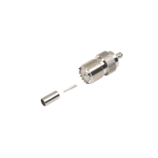 Conector UHF Hembra (SO-239) en Línea, de Anillo Plegable para Cable RG-58/U, RG-142/U, Níquel/ Plata/ Delrin.