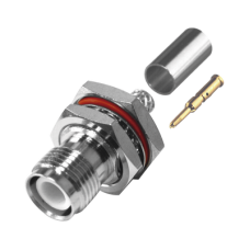 Conector TNC Hembra Inverso de Montaje Trasero en Panel, D-Plano, Hermético de Anillo Plegable para RG-142/U, Níquel/ Oro/ Teflón.