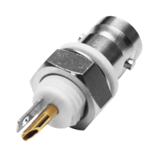 Conector BNC Hembra Aislado para Montaje en Panel Frontal en D-Plano, Soldable para Grupo I, Níquel/ Oro/ Teflón.
