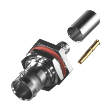 Conector BNC Hembra para Chasis en D-Plano con Aro de Goma, Anillo Plegable para RG-59/U, Grupo D, 75 Ohm, Níquel/ Oro/ Delrin