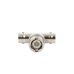 Adaptador en T para 50 Ohm de BNC Macho a Doble BNC Hembra, Troquelado, Níquel/ Oro/ Delrin.