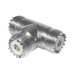 Adaptador en forma T, de Conector UHF Hembra (SO-239) a Doble Conector UHF Hembra, Níquel/ Plata/ Delrin.