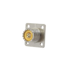 Conector UHF Hembra (SO-239), para Montaje en Chasis con 4 perforaciones a 18 mm, Terminal Soldable, Níquel/ Plata/ Delrin.