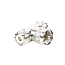 Adaptador en forma T, de Conector UHF Macho (PL-259) a Doble UHF Hembra (SO-239), Níquel/ Plata/ Delrin. Adaptador en forma T, de Conector UHF Macho (PL-259) a Doble UHF Hembra (SO-239), Níquel/ Plata/ Delrin.