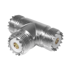 Adaptador en forma T, de Conector UHF Hembra (SO-239) a Doble Conector UHF Hembra, Níquel/ Plata/ Delrin. Adaptador en forma T, de Conector UHF Hembra (SO-239) a Doble Conector UHF Hembra, Níquel/ Plata/ Delrin.