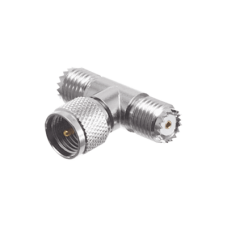 Adaptador en T de Conector Mini-UHF Macho a Doble Mini-UHF Hembra, Níquel/ Plata/ Teflón. Adaptador en T de Conector Mini-UHF Macho a Doble Mini-UHF Hembra, Níquel/ Plata/ Teflón.