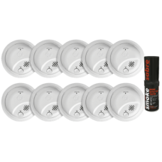 Kit de 10 Detectores de Humo Autónomos FIRST ALERT por Ionización / Alarma 85 dB / Botón Prueba y Silencio / Probador SABRE SDI