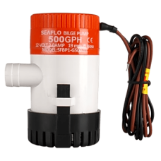 Bomba de Achique Marina Sumergible Eléctrica 12V / 500 GPH / No Automática / Protección Anti-Aire / Sellos Herméticos / Cableado Marino / Base de Filtro Removible