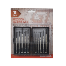 Juego de 11 Mini-desarmadores de Precisión; 6-Planos, 3-Phillips, 1-Punzón y 1-Magneto, almacenados en estuche de plástico.
