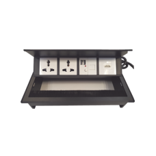 Caja Horizontal Tipo Hub para Escritorio Color Negro, con 1 Puerto HDMI Hembra-Hembra, 1 Puerto RJ45 Cat6, 2 Puertos USB (Solo Carga), y 2 Contactos Eléctricos Universales