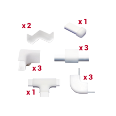 Kit de Accesorios Para la Canaleta TMK0812, El Paquete Incluye 13 Piezas en Total, Son 2 Esquineros Exteriores, 3 Esquineros Interiores, 3 Secciones 