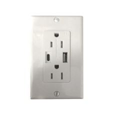 Contacto Dúplex con puertos USB Tipo A y C, 15 A, 100 - 240 V, USB 5 V, Incluye la Placa. Contacto Dúplex con puertos USB Tipo A y C, 15 A, 100 - 240 V, USB 5 V, Incluye la Placa.
