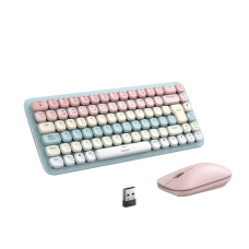 Paquete de Teclado y Mouse | 85 teclas en Español | Bluetooth y 2.4GHz |  Mouse Ambidiestro  | Sensor de DPI ajustable | Efectos de Iluminación del Teclado | Amplia compatibilidad | Color Rosa.