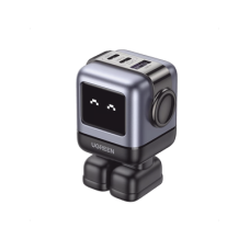 Cargador RobotGaN de 65W Serie UNO | 3 Puertos de Carga Rápida | 2 USB-C | 1 USB-A | PD 3.0 | QC 4.0 | Carga Inteligente | Tecnología GaN II | Zapato Magnético Extraíble | Carcasa Ignífuga | Pantalla LED